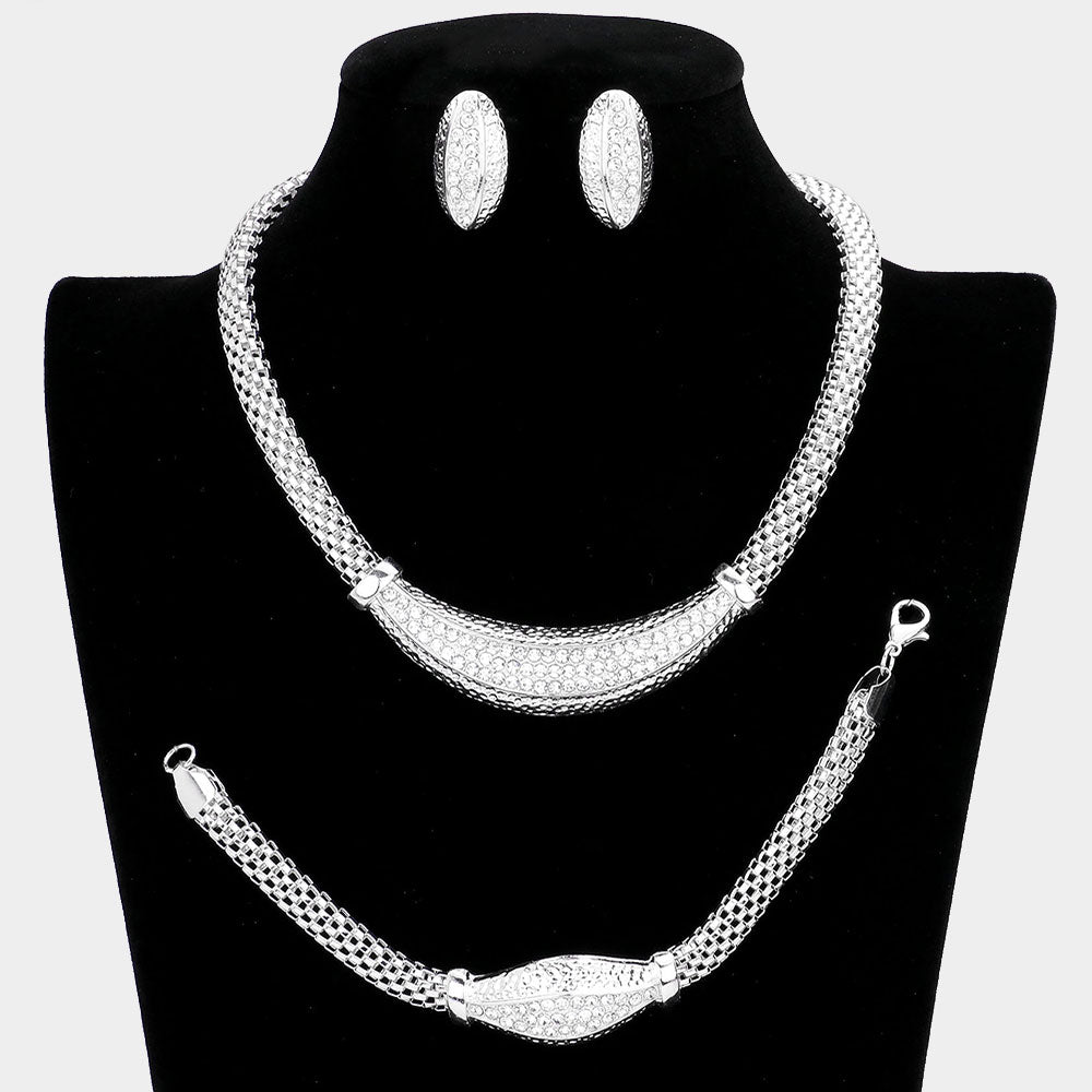 3PCS - Crystal Rhinestone Pave Mesh Metal Necklace Jewelry Set
